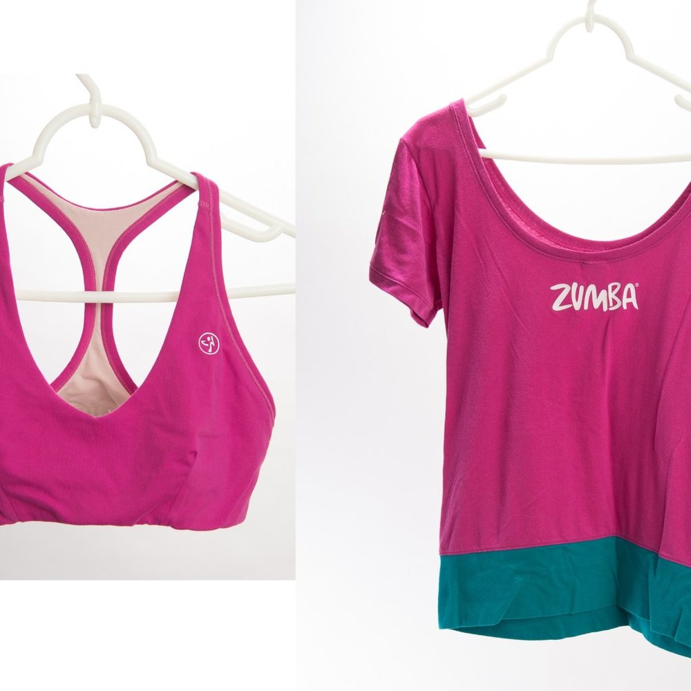Used Zumba Fitness Sports Bra and Matching off the Shoulder Tee Shirt
